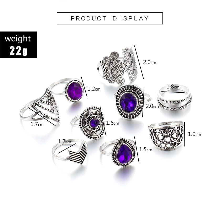 Vintage Fan-Shaped Drop Diamonds And Purple Gems Triangle Set Of 9 Rings