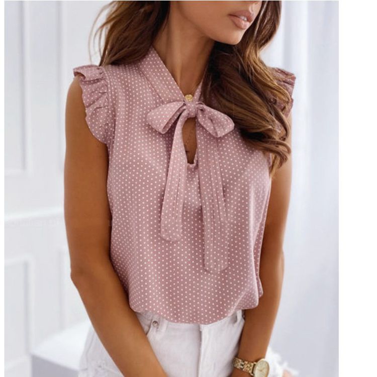 Women's Polka Dot Bow Neck Sleeveless Shirt Top