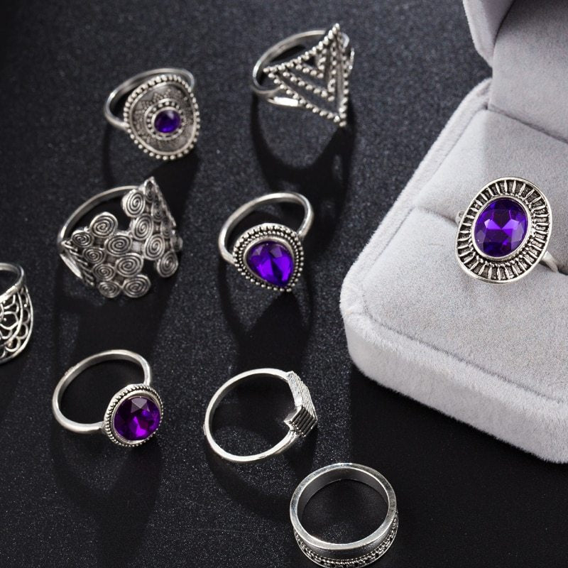 Vintage Fan-Shaped Drop Diamonds And Purple Gems Triangle Set Of 9 Rings
