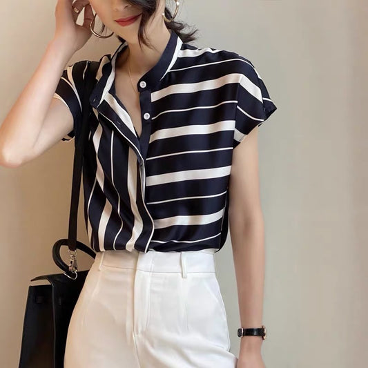 Women's Irregular Stripe Chiffon Short Sleeve Shirt