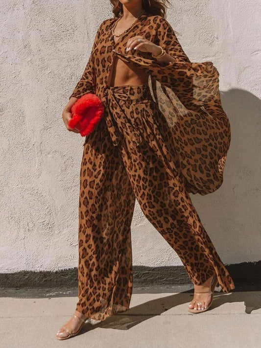 Autumn Women's New Style Amazon Hot-Selling Leopard Print Shirt Wide-Leg Pants Loose Fried Street Fashion Suit