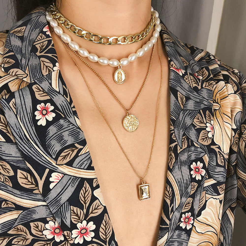 Pearl Necklace, Diamond Necklace, Retro Coin, Gemstone Necklace, Multi-layer Pearl