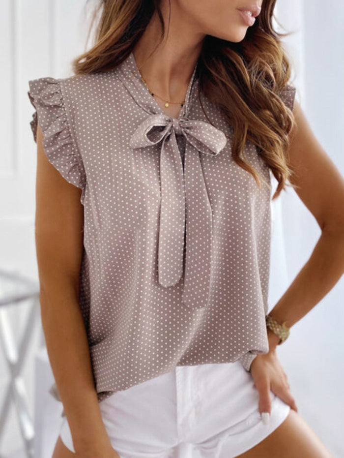 Women's Polka Dot Bow Neck Sleeveless Shirt Top