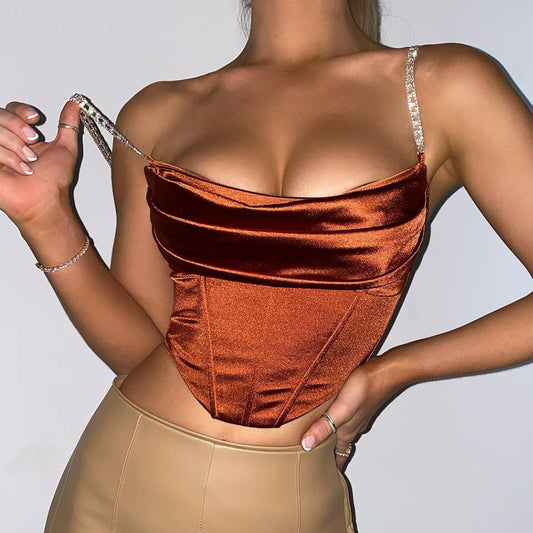 Net Red Temperament Elastic Tight-Fitting Satin Luxury Diamond Chain Shoulder Strap Waist Top Vest