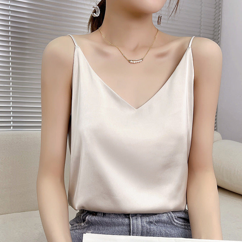 V-Neck White Acetate Silk Satin Sexy Bottoming Suit With Inner And Outer Jacket
