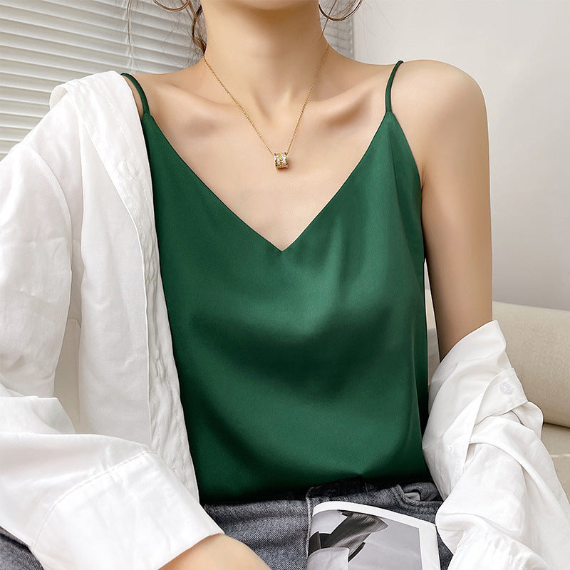 V-Neck White Acetate Silk Satin Sexy Bottoming Suit With Inner And Outer Jacket