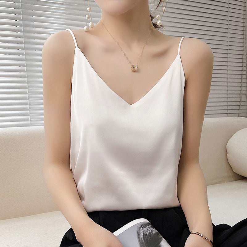V-Neck White Acetate Silk Satin Sexy Bottoming Suit With Inner And Outer Jacket