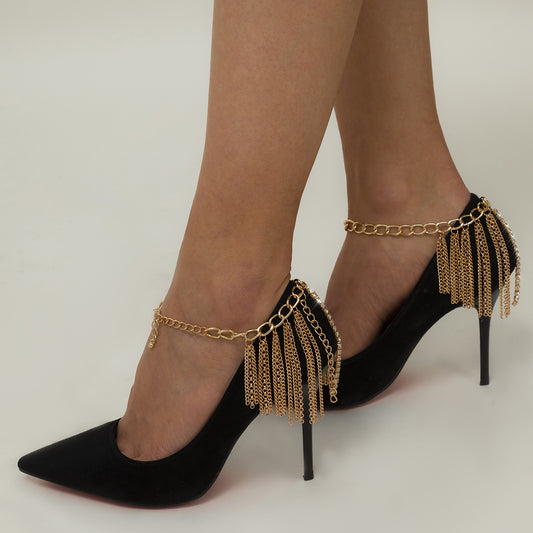 Retro Tassel Inlaid Diamond Chain Shoes With Anklet Fashion Trend Geometric High Heels Chain Women