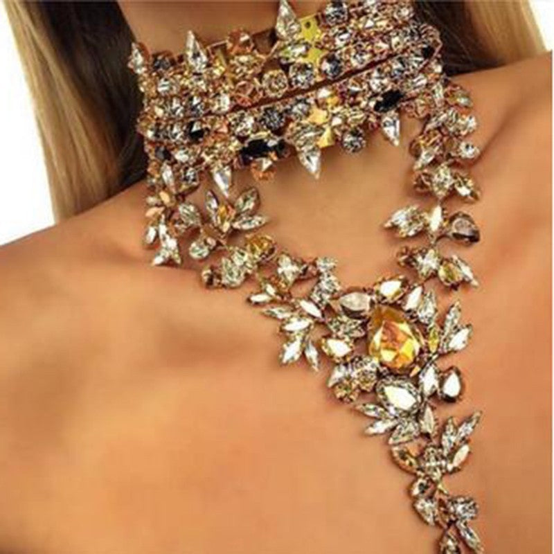 FallWinter Classic European And American Big Brand Full Rhinestone Drop Pendant Exaggerated Necklace Clavicle Chain Clothing Accessories Wholesale