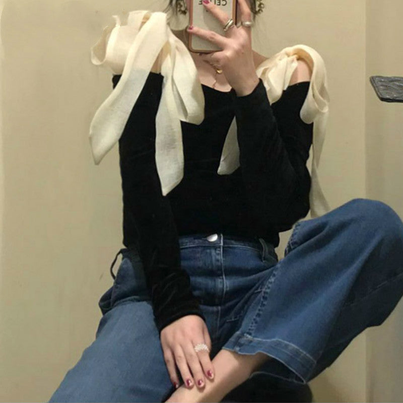 One-word Neck Drop Shoulder Lace Bow Top