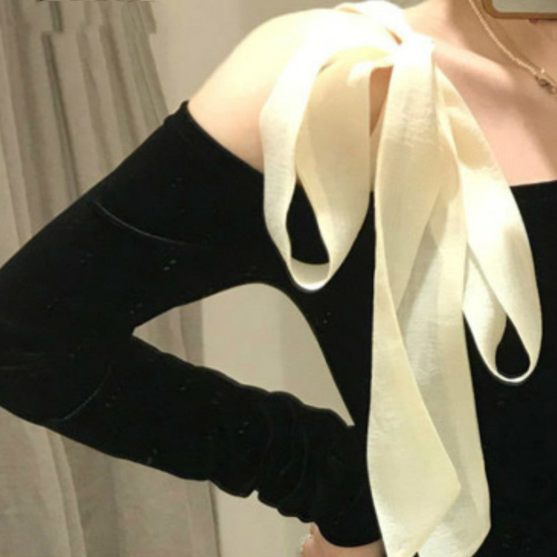 One-word Neck Drop Shoulder Lace Bow Top