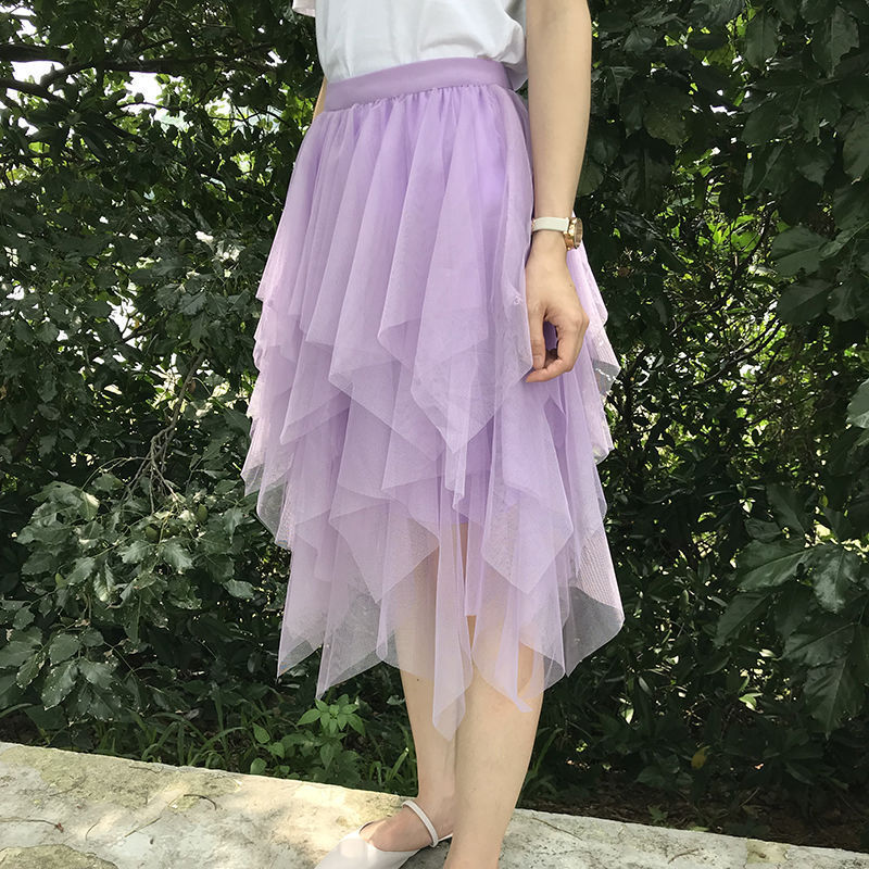 Irregular Mesh Skirt Female High Waist Age-Reducing A-Line Fairy Puff Skirt Gauze Skirt Mid-Length
