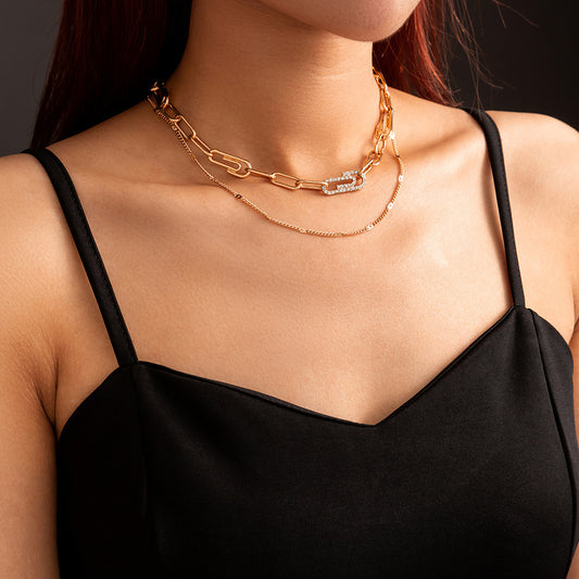 Diamond-encrusted Paper Clip, Safety Needle, Thick Chain, Double Layered Necklace, Clavicle Chain
