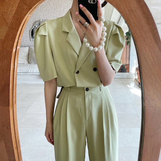 Simple Lapel Double-breasted Puff Sleeve Blazer  High-waist Pleated Casual Trousers Trousers Women