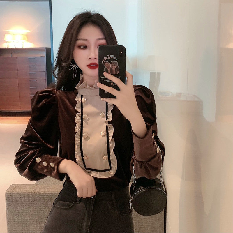 Puff Sleeves, Wooden Ears, And Stand-up Collar Double-breasted Gold Velvet Blouse Women