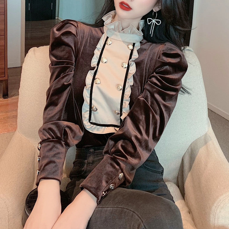Puff Sleeves, Wooden Ears, And Stand-up Collar Double-breasted Gold Velvet Blouse Women