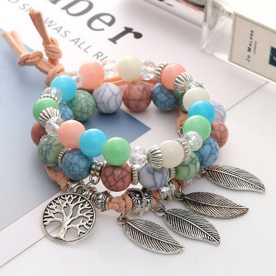 Multi-layer leaf glass beaded bracelet