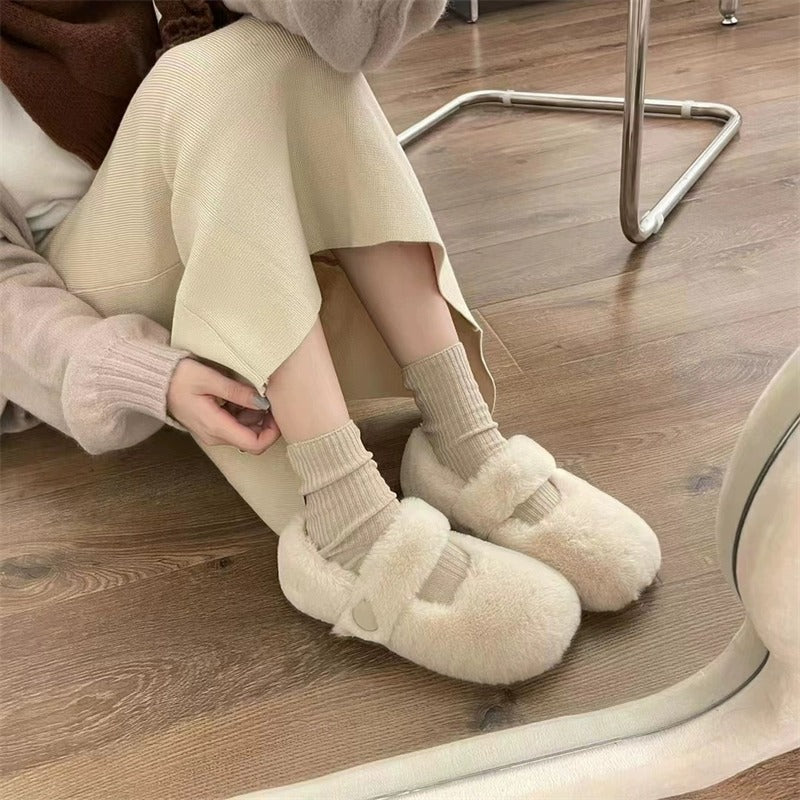 Mary Jane Fluffy Shoes Women's Winter Outerwear Flats