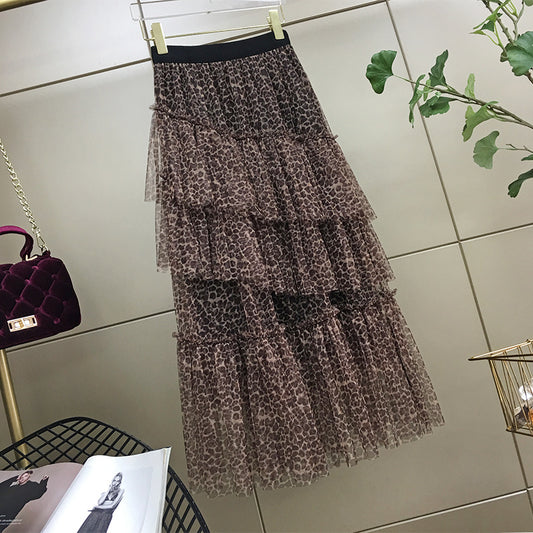 Leopard print high waist mesh skirt