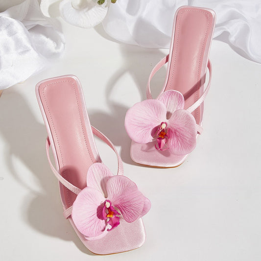 Spring And Summer Meiko Flower Decorative Flip-toe Square Toe High Heel Sandals