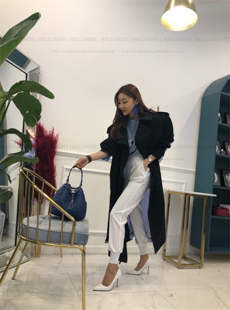 Lapel tie striped trench coat