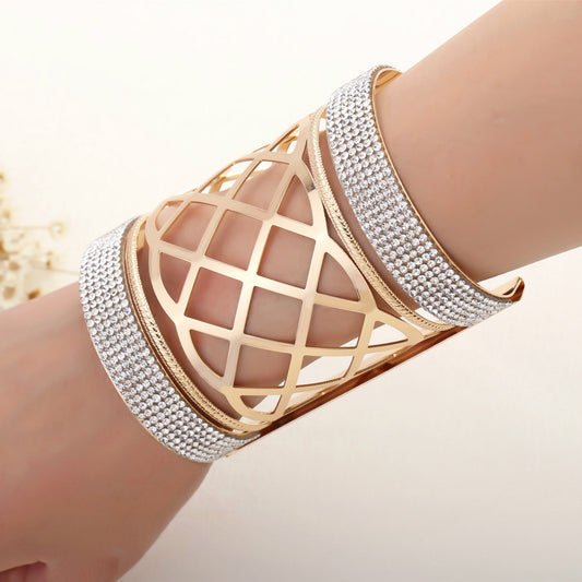 Iron Leather With Diamonds Personality Hollow Super Wide Bracelet