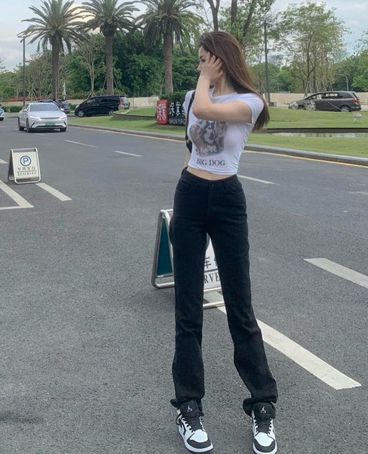 Black Straight Jeans Women's Trendy Summer New High Waist Thin Section