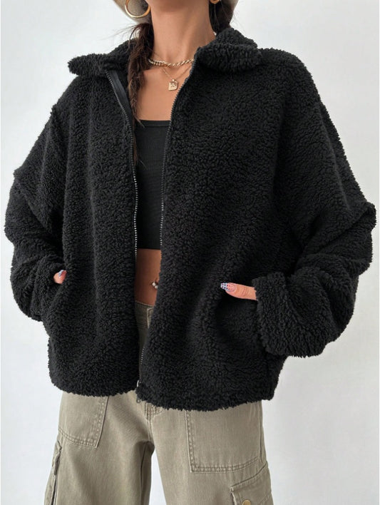 Women's Regular Fit Teddy Fleece Drop Shoulder Jacket