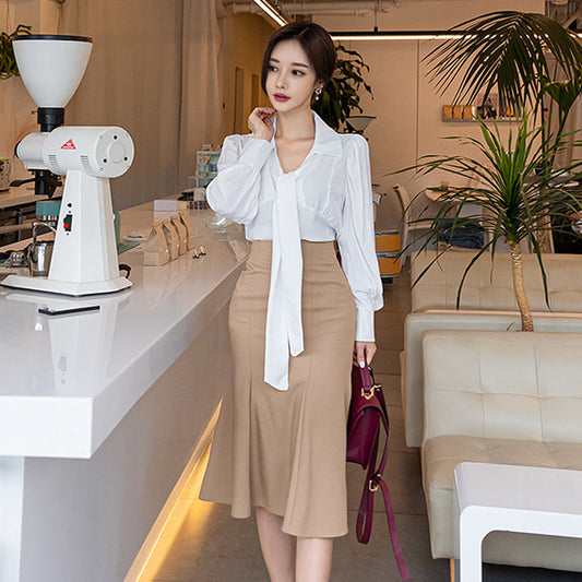 Long-sleeved shirt slim fit wild ruffle skirt