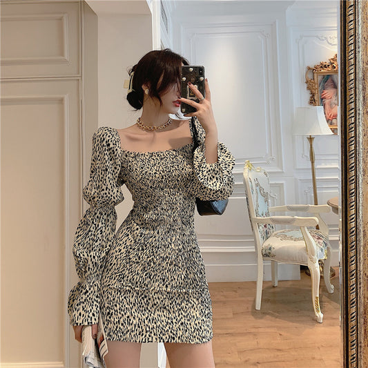 Retro Color Puff Sleeve Slim Fit Hip Dress Long Sleeve Bottoming Skirt