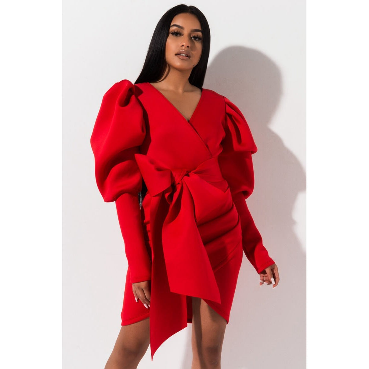 V-neck puff sleeve bow tie dress