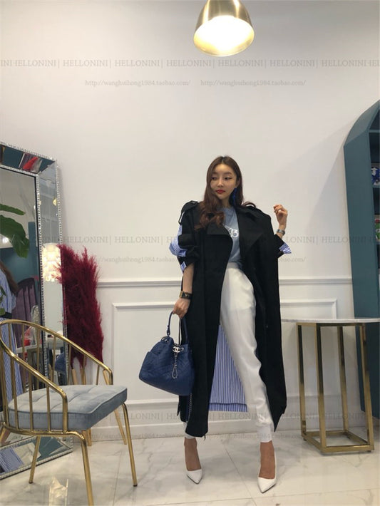 Lapel tie striped trench coat