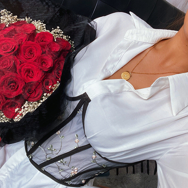 Mesh Embroidered Bouquet Waist  Slim Fit Belt Girdle