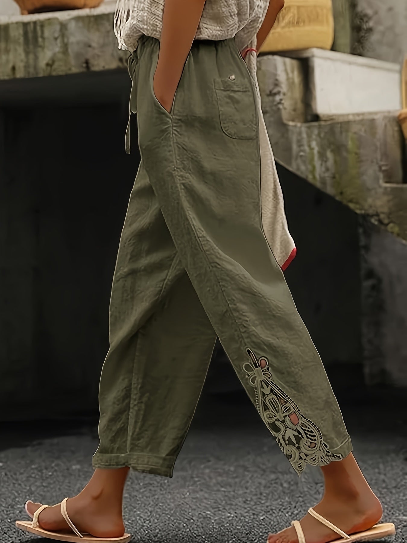 Women's Lace Stitching Drawstring Straight Casual Pants