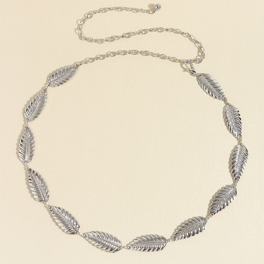 Metallic Silver Women's Waist Chain Feather Leaves Everything Dress Shirt Chain Simple Accessories