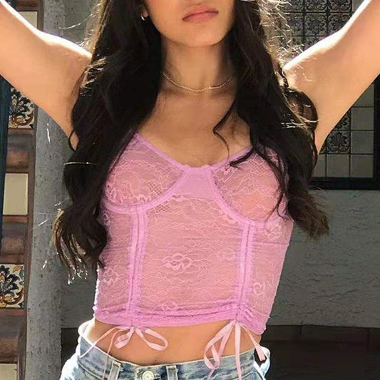 Lace-paneled Lace Mesh V-neck Open-back Camisole Women's Top