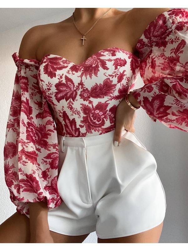 Sexy Off-shoulder Wrapped Chest Printed Lantern Sleeve Chiffon Shirt Blouse