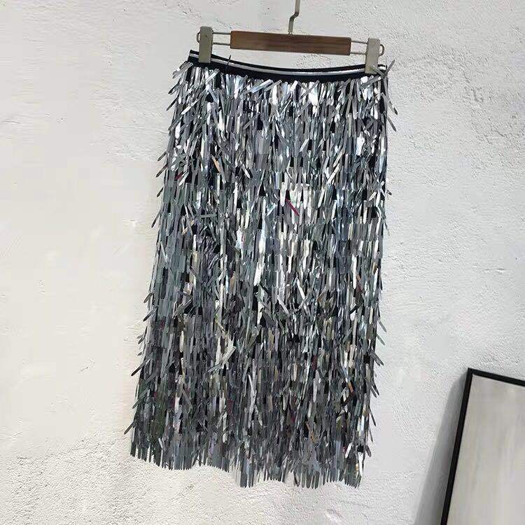 High waist sequin fringed mesh skirt
