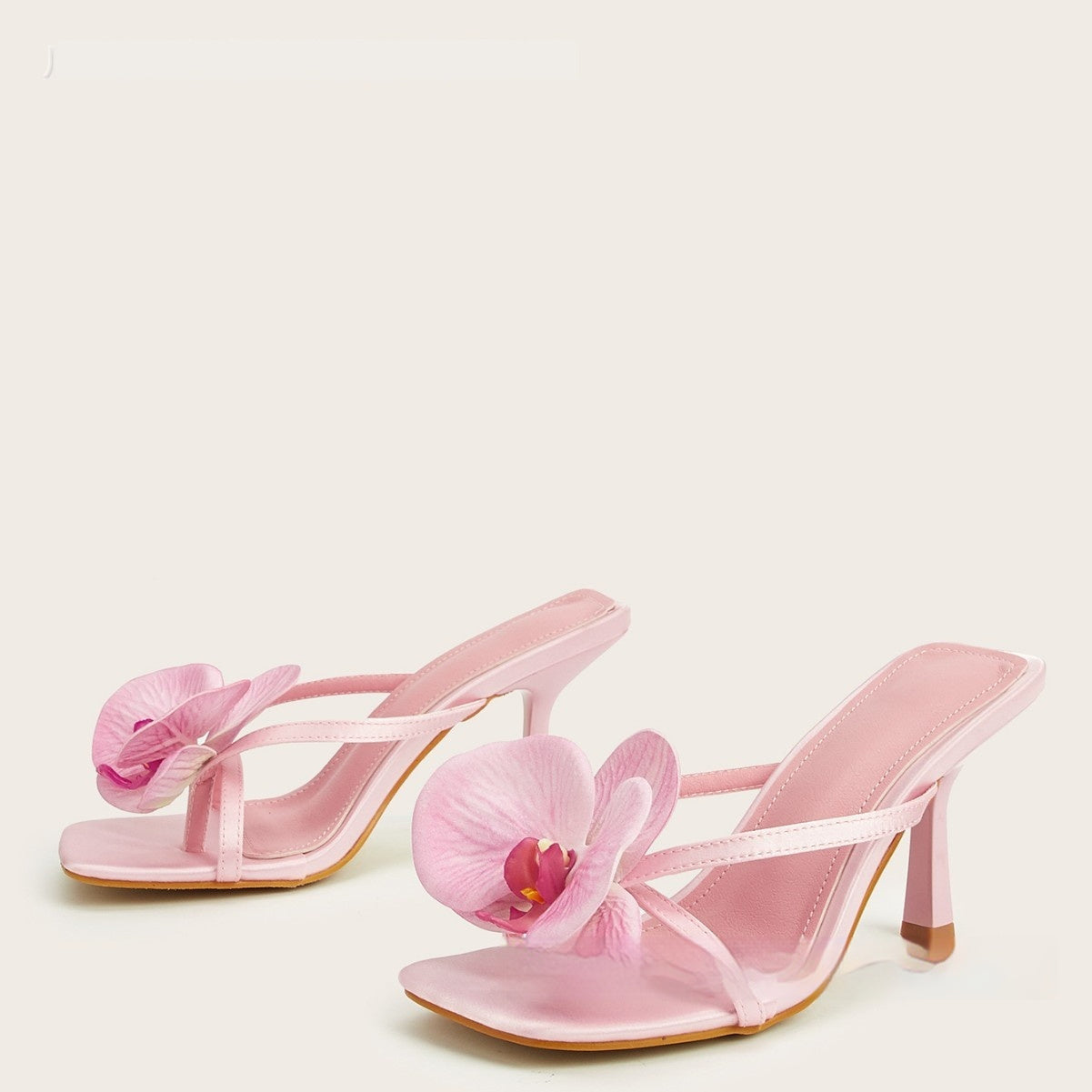Spring And Summer Meiko Flower Decorative Flip-toe Square Toe High Heel Sandals