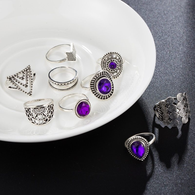 Vintage Fan-Shaped Drop Diamonds And Purple Gems Triangle Set Of 9 Rings