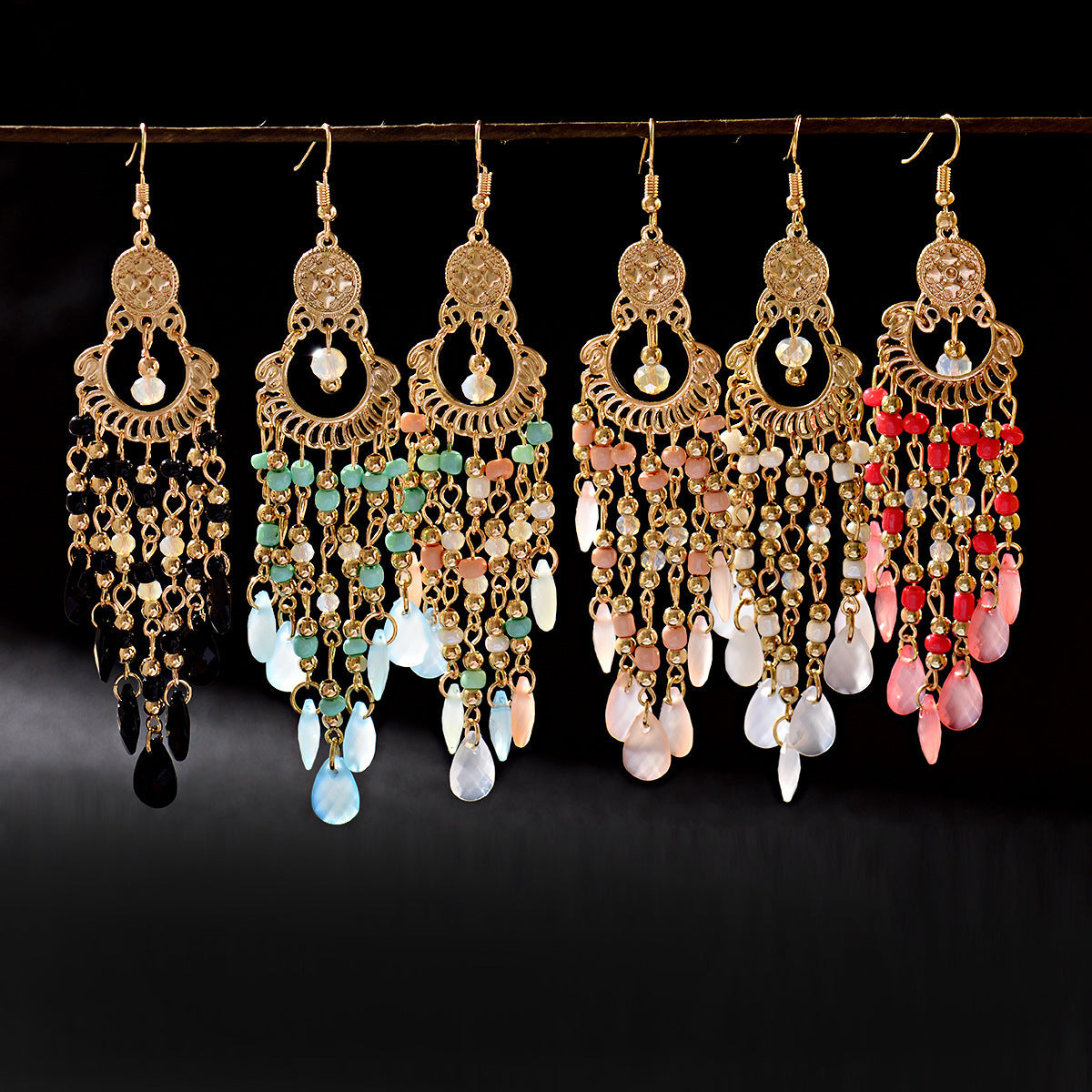Bohemian Gem All Match Water Drop Tassel Temperamental Dangle Earrings