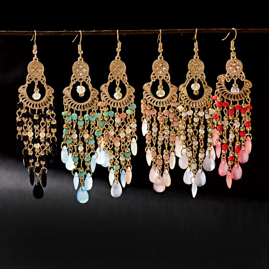 Bohemian Gem All Match Water Drop Tassel Temperamental Dangle Earrings