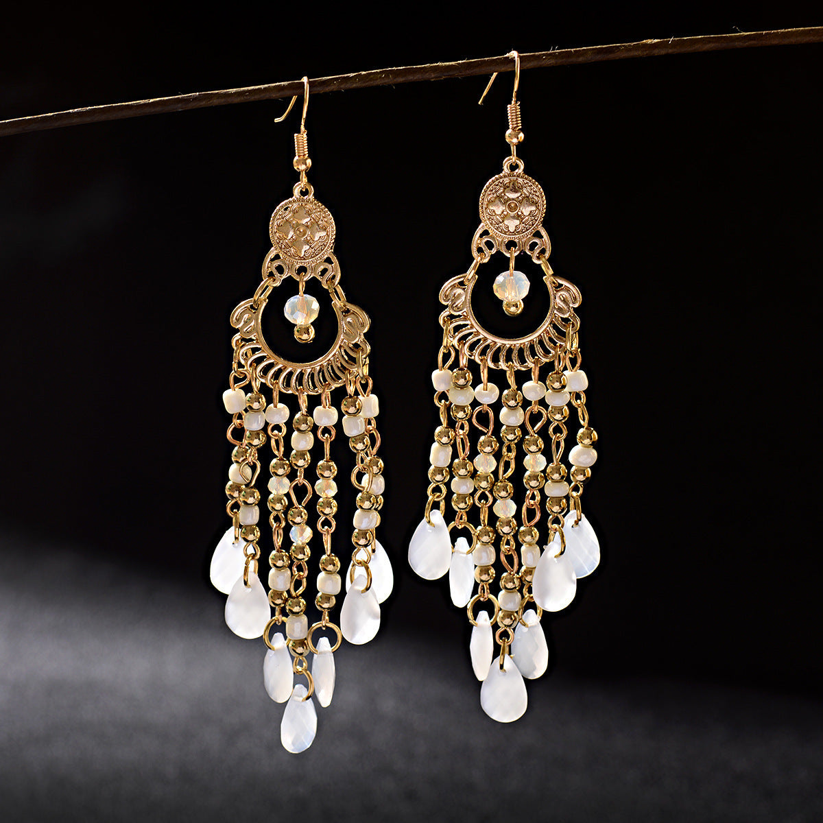 Bohemian Gem All Match Water Drop Tassel Temperamental Dangle Earrings