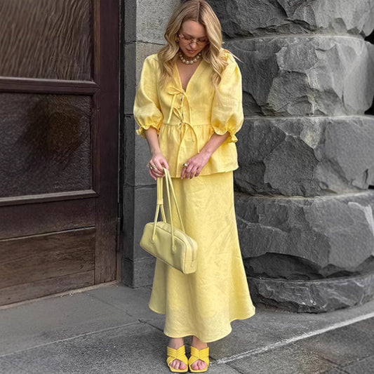 Pleated Lace-up Top Puff Sleeve Skirt