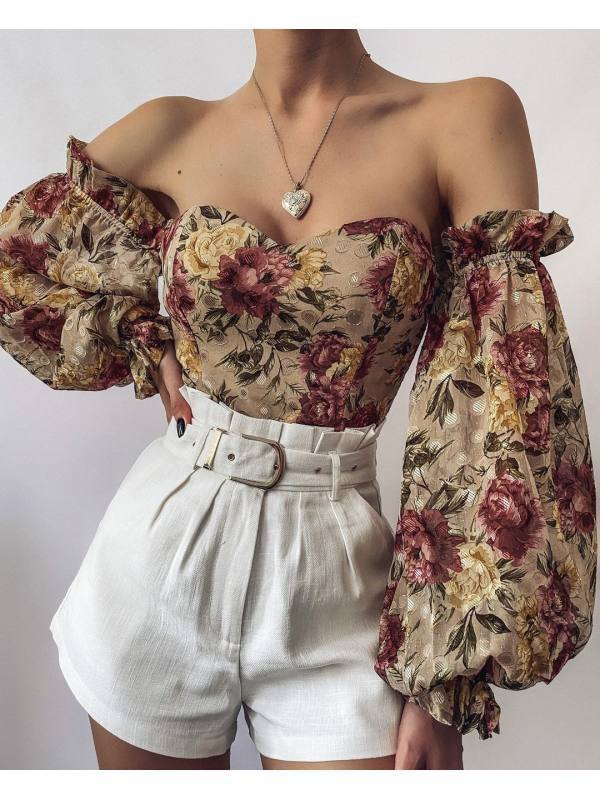 Sexy Off-shoulder Wrapped Chest Printed Lantern Sleeve Chiffon Shirt Blouse