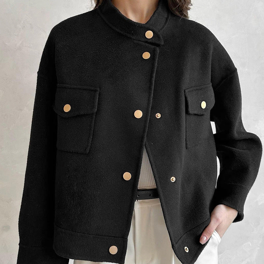 Stand Collar Design Women Loose Autumn And Winter Woolen Coat
