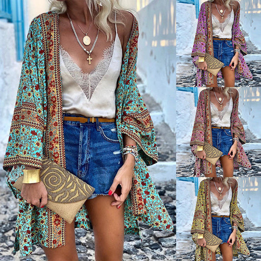 Women's Loose Boho Long Sleeve Printed Midi Cardigan