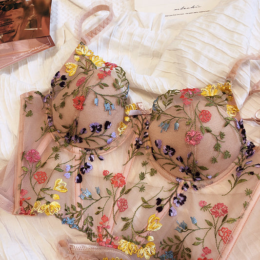 French Embroidered Lace Mesh Rabbit Ears Thin Underwire Set