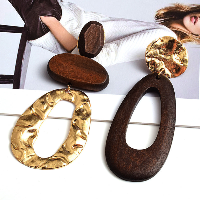 Vintage Handmade Fashion Wooden Metal Dangle Earrings