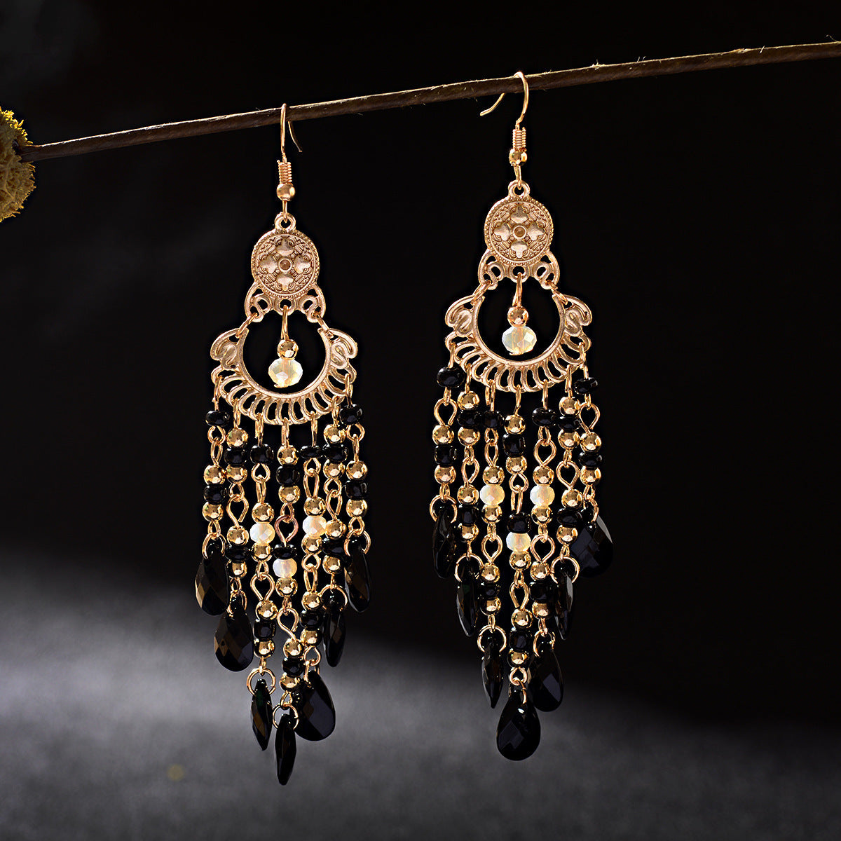 Bohemian Gem All Match Water Drop Tassel Temperamental Dangle Earrings